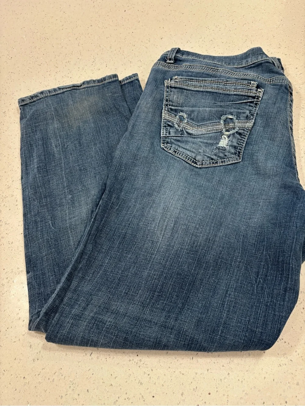 BKE Men's Blue Straight-Leg Jeans with Back Pocket Distress